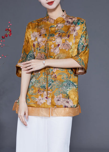 Women Yellow Stand Collar Patchwork Tassel Silk Blouses Half Sleeve LY1856 - fabuloryshop