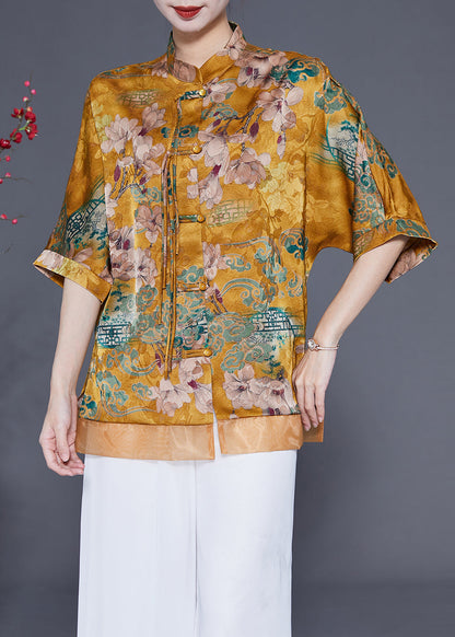 Women Yellow Stand Collar Patchwork Tassel Silk Blouses Half Sleeve LY1856 - fabuloryshop