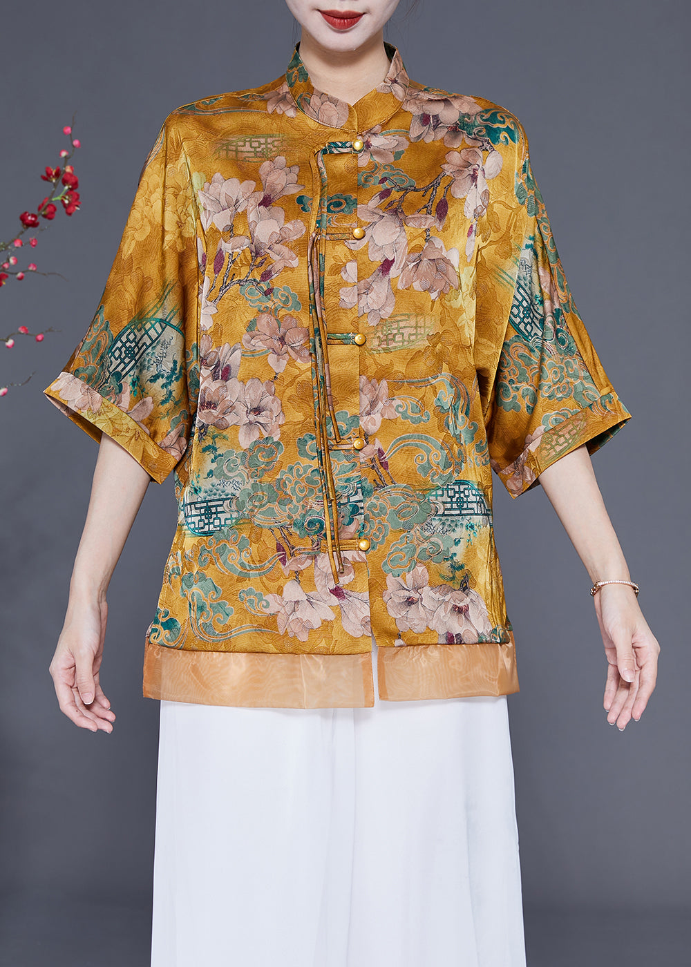 Women Yellow Stand Collar Patchwork Tassel Silk Blouses Half Sleeve LY1856 - fabuloryshop