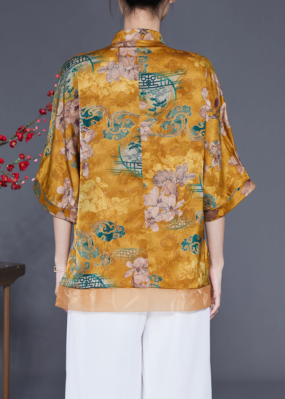 Women Yellow Stand Collar Patchwork Tassel Silk Blouses Half Sleeve LY1856 - fabuloryshop