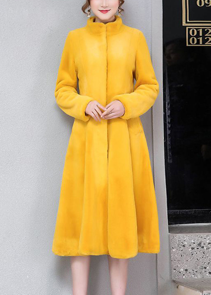 Women Yellow Stand Collar Silm Fit Faux Fur Trench Winter Ada Fashion