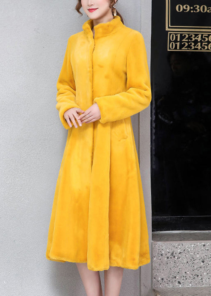 Women Yellow Stand Collar Silm Fit Faux Fur Trench Winter Ada Fashion