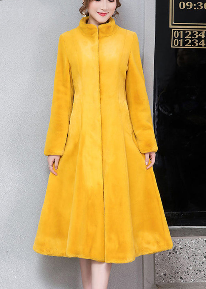 Women Yellow Stand Collar Silm Fit Faux Fur Trench Winter Ada Fashion