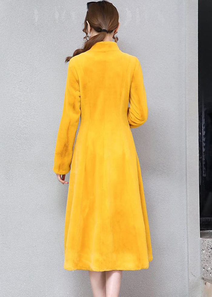 Women Yellow Stand Collar Silm Fit Faux Fur Trench Winter Ada Fashion