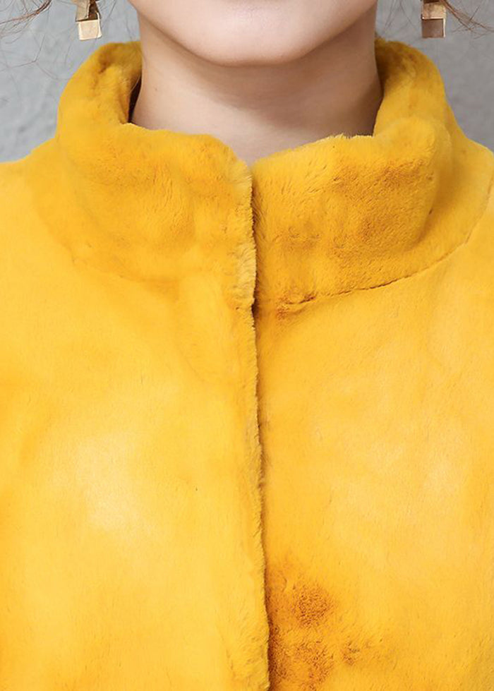 Women Yellow Stand Collar Silm Fit Faux Fur Trench Winter Ada Fashion