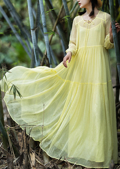 Women Yellow V Neck Patchwork Chiffon Vacation Long Dresses Spring LY1787 - fabuloryshop