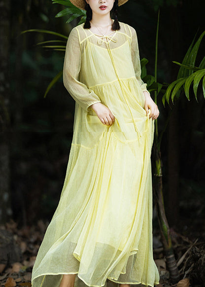 Women Yellow V Neck Patchwork Chiffon Vacation Long Dresses Spring LY1787 - fabuloryshop