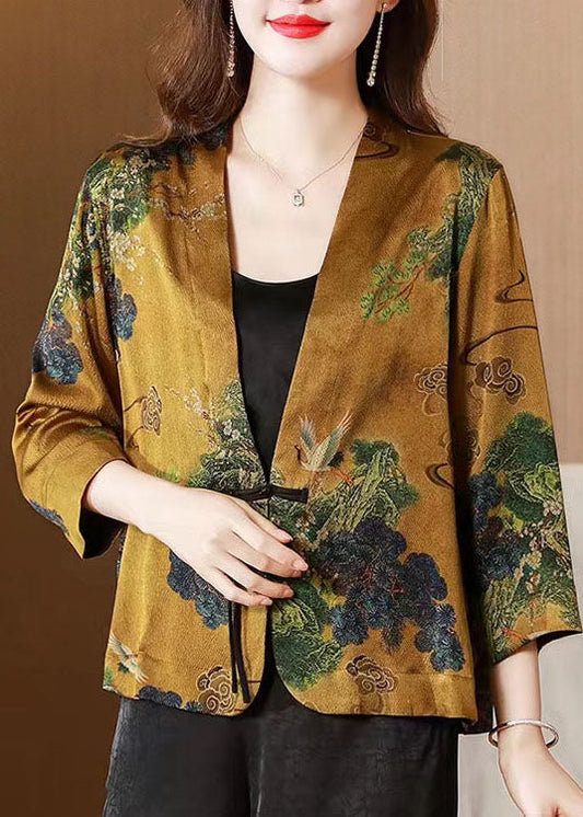 Women Yellow V Neck Tasseled Button Print Silk Cardigans Coats Spring LC0287
