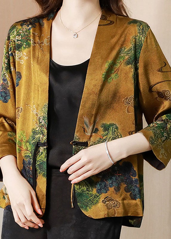 Women Yellow V Neck Tasseled Button Print Silk Cardigans Coats Spring LC0287 - fabuloryshop