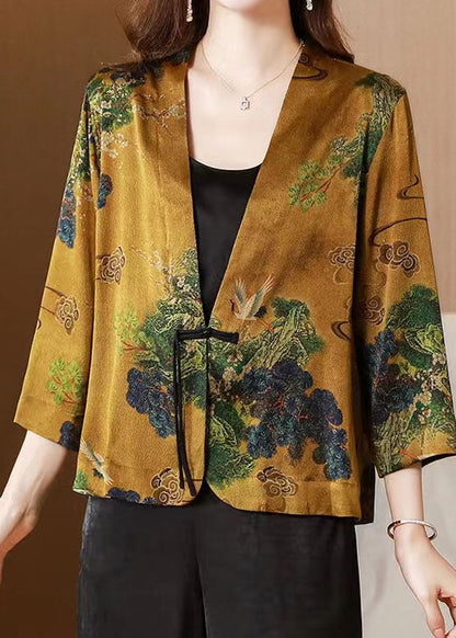 Women Yellow V Neck Tasseled Button Print Silk Cardigans Coats Spring LC0287 - fabuloryshop