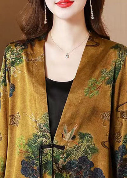 Women Yellow V Neck Tasseled Button Print Silk Cardigans Coats Spring LC0287 - fabuloryshop