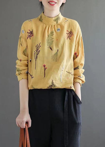 Women Yellow Wrinkled Embroideried Patchwork Linen Shirt Tops Spring LY6244 - fabuloryshop