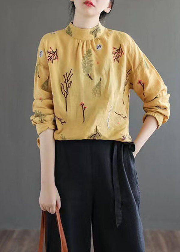 Women Yellow Wrinkled Embroideried Patchwork Linen Shirt Tops Spring LY6244 - fabuloryshop