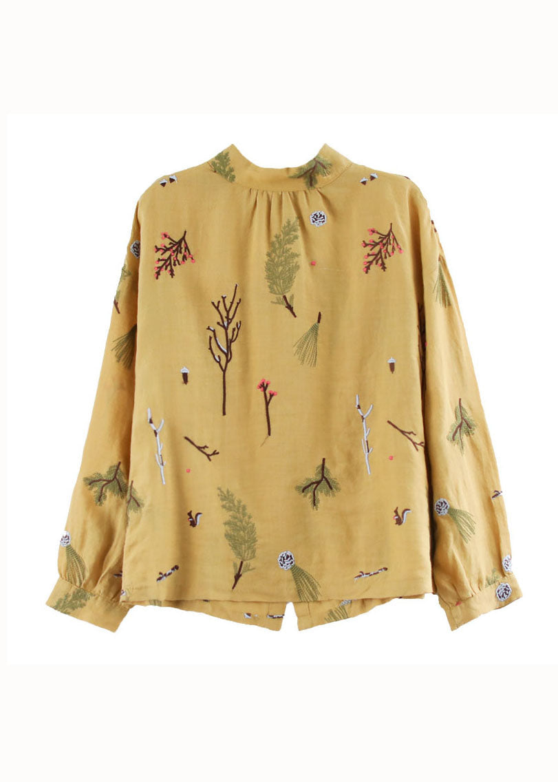 Women Yellow Wrinkled Embroideried Patchwork Linen Shirt Tops Spring LY6244 - fabuloryshop