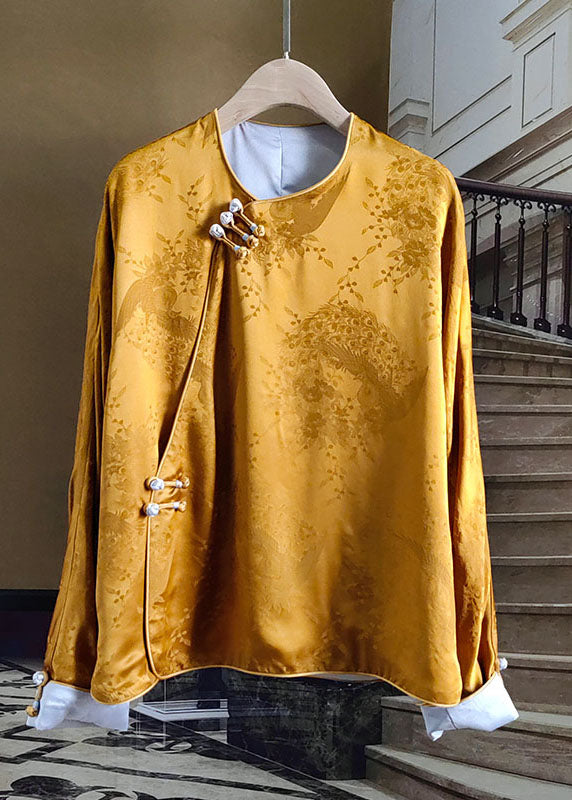 Yellow Button Jacquard Patchwork Silk Shirt O Neck Long Sleeve LY0988 - fabuloryshop