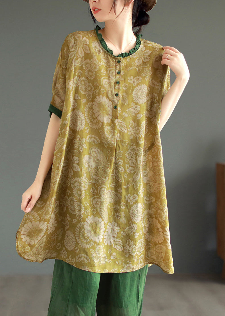 Yellow Button Patchwork Linen Mid Dresses O Neck Half Sleeve Ada Fashion