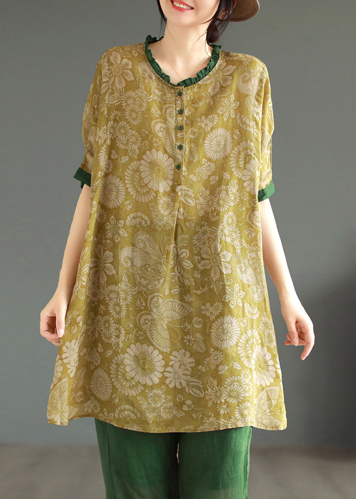 Yellow Button Patchwork Linen Mid Dresses O Neck Half Sleeve Ada Fashion