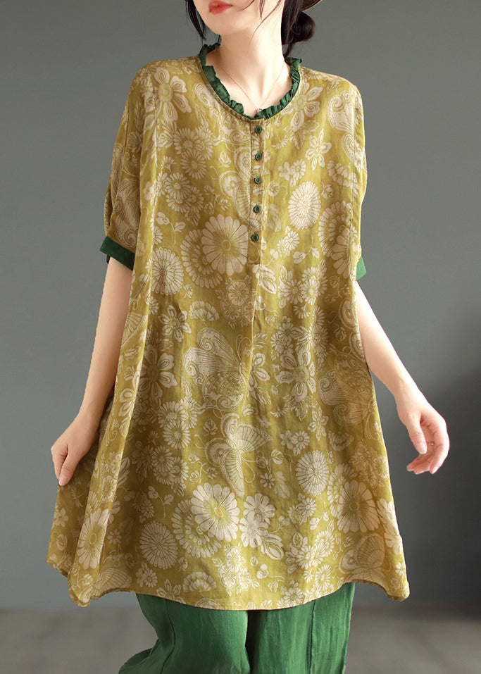 Yellow Button Patchwork Linen Mid Dresses O Neck Half Sleeve Ada Fashion