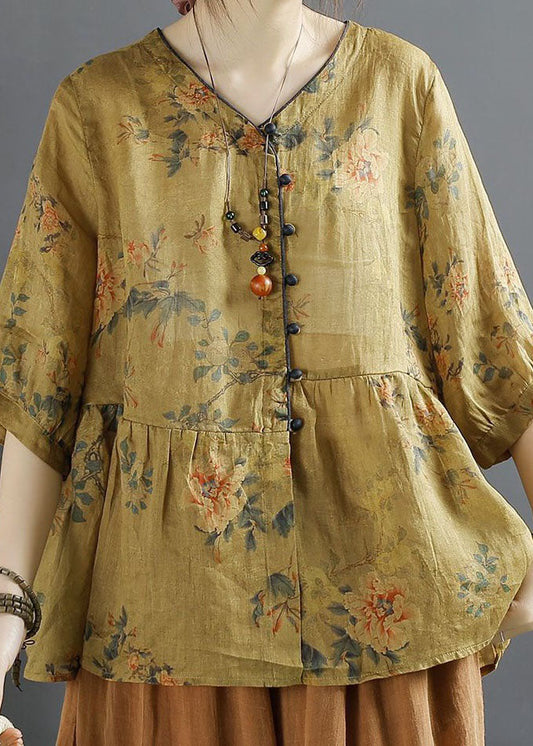 Yellow Button Patchwork Linen Shirts Top V Neck Wrinkled Summer LY4109 - fabuloryshop