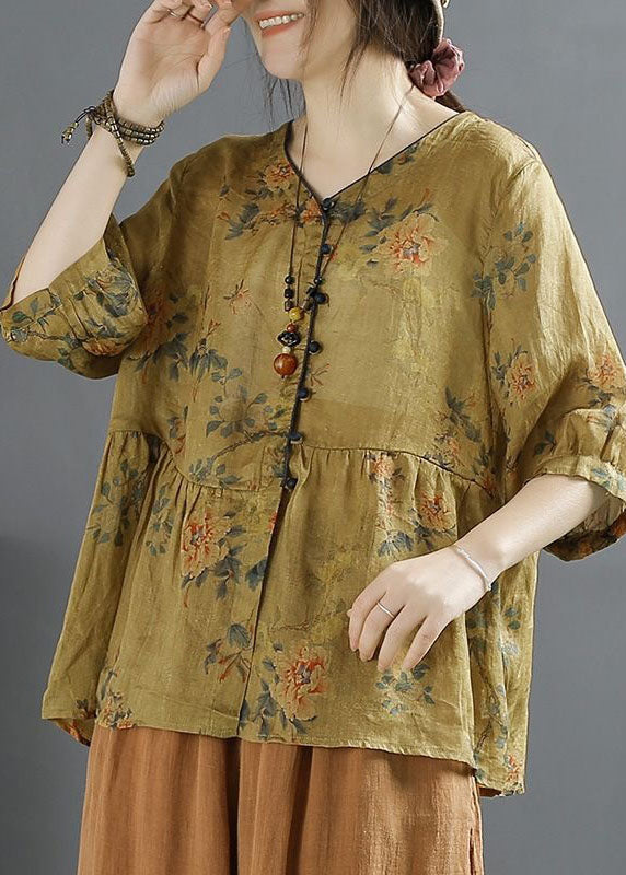 Yellow Button Patchwork Linen Shirts Top V Neck Wrinkled Summer LY4109 - fabuloryshop