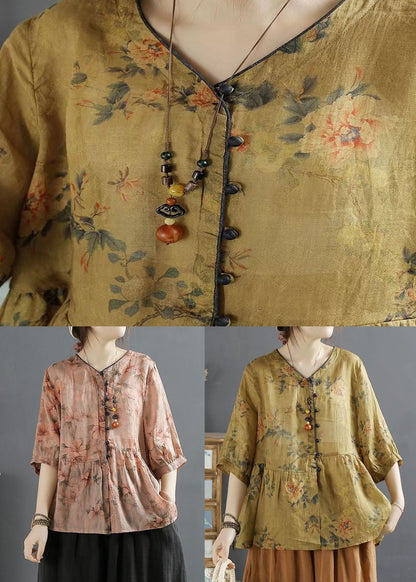 Yellow Button Patchwork Linen Shirts Top V Neck Wrinkled Summer LY4109 - fabuloryshop