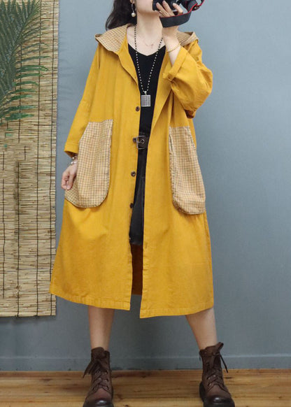 Yellow Button Patchwork Long Cotton Coats Hooded Long Sleeve Ada Fashion