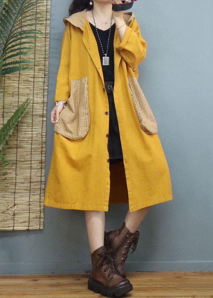 Yellow Button Patchwork Long Cotton Coats Hooded Long Sleeve Ada Fashion