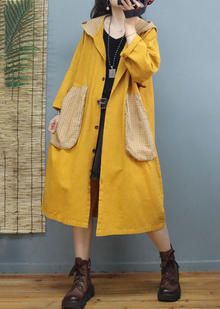 Yellow Button Patchwork Long Cotton Coats Hooded Long Sleeve Ada Fashion