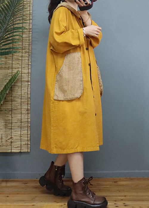 Yellow Button Patchwork Long Cotton Coats Hooded Long Sleeve Ada Fashion