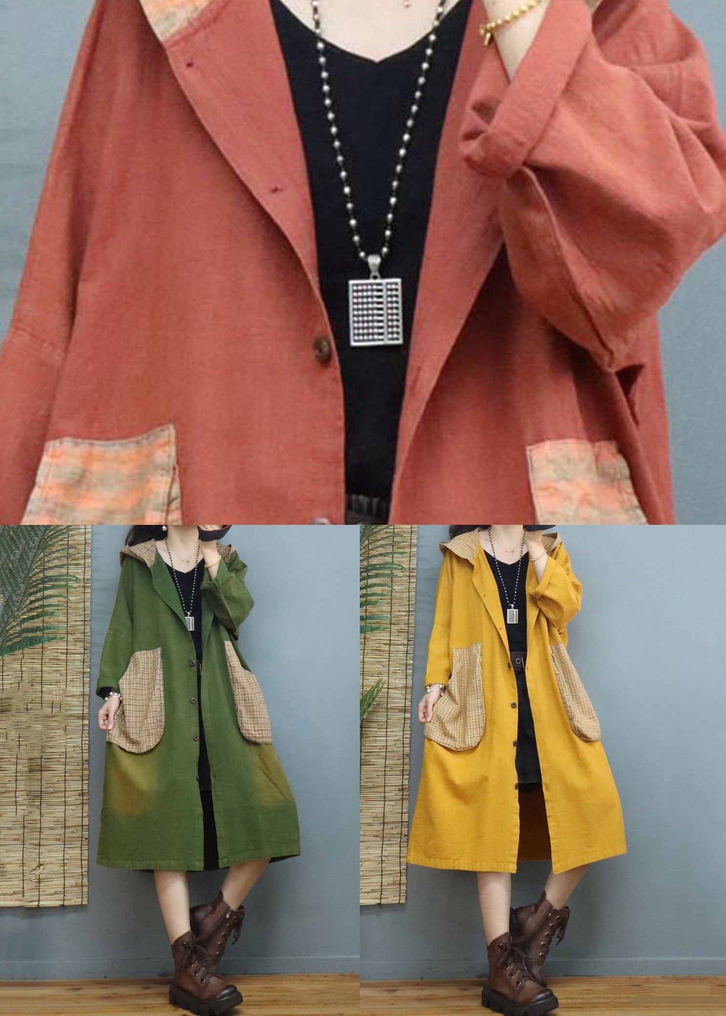 Yellow Button Patchwork Long Cotton Coats Hooded Long Sleeve Ada Fashion