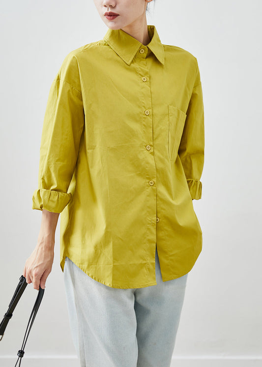 Yellow Cotton Shirt Tops Peter Pan Collar Pocket Fall Ada Fashion