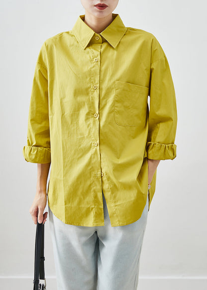 Yellow Cotton Shirt Tops Peter Pan Collar Pocket Fall Ada Fashion