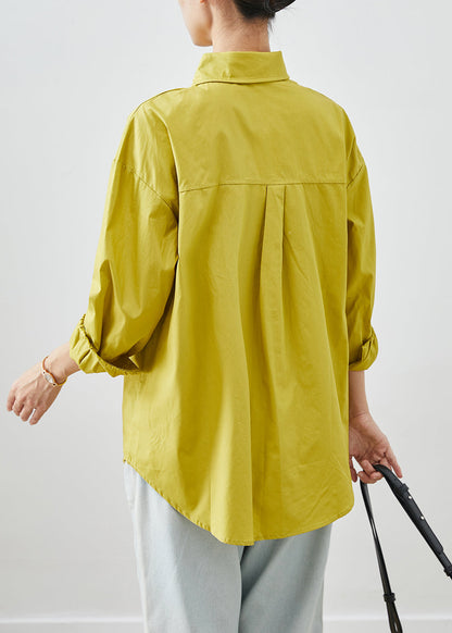 Yellow Cotton Shirt Tops Peter Pan Collar Pocket Fall Ada Fashion