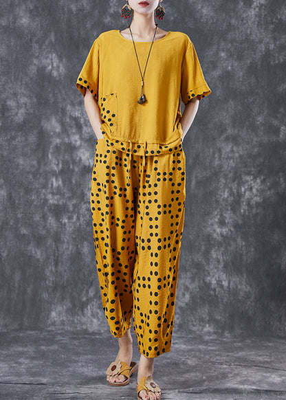 Yellow Dot Cotton Two Piece Suit Set Drawstring Pocket Summer LY6781 - fabuloryshop