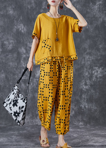 Yellow Dot Cotton Two Piece Suit Set Drawstring Pocket Summer LY6781 - fabuloryshop