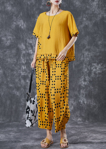 Yellow Dot Cotton Two Piece Suit Set Drawstring Pocket Summer LY6781 - fabuloryshop