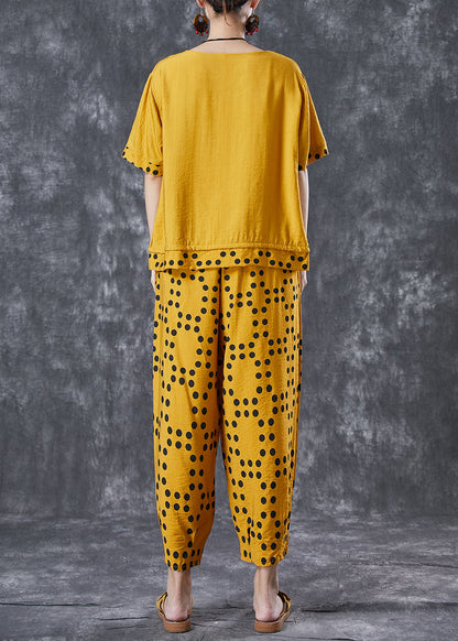 Yellow Dot Cotton Two Piece Suit Set Drawstring Pocket Summer LY6781 - fabuloryshop