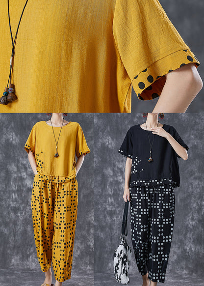 Yellow Dot Cotton Two Piece Suit Set Drawstring Pocket Summer LY6781 - fabuloryshop