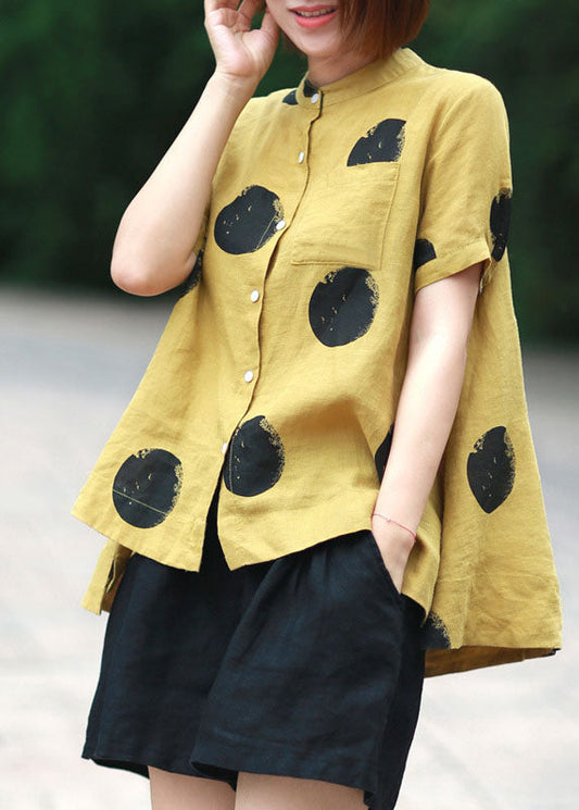 Yellow Dot Print Patchwork Linen Top Button Stand Collar Summer LY6172 - fabuloryshop