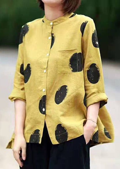 Yellow Dot Print Patchwork Linen Top Button Stand Collar Summer LY6172 - fabuloryshop