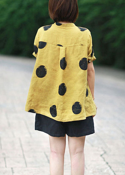 Yellow Dot Print Patchwork Linen Top Button Stand Collar Summer LY6172 - fabuloryshop