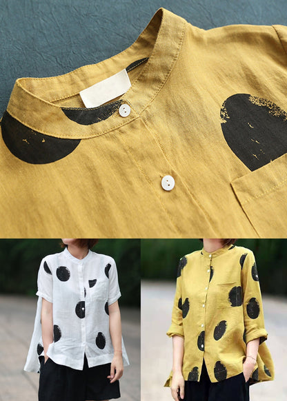 Yellow Dot Print Patchwork Linen Top Button Stand Collar Summer LY6172 - fabuloryshop