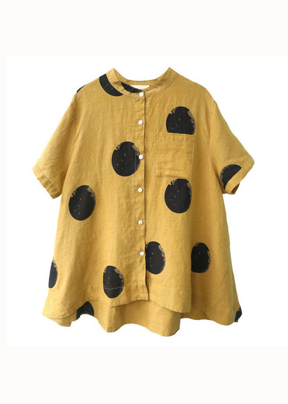 Yellow Dot Print Patchwork Linen Top Button Stand Collar Summer LY6172 - fabuloryshop