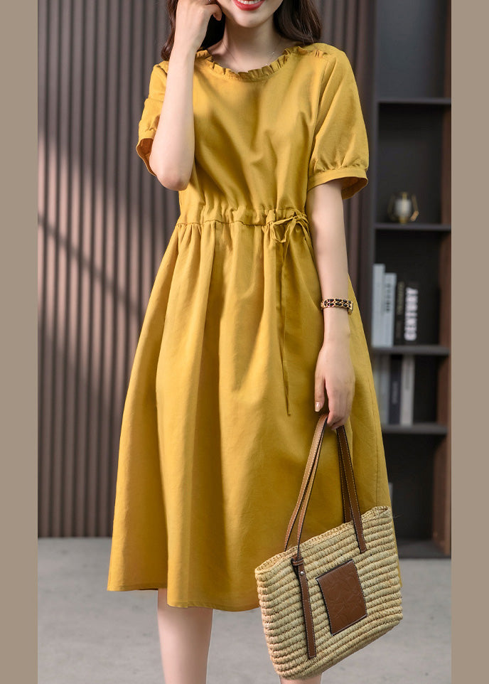 Yellow Drawstring Slim Linen Long Dress Short Sleeve LY1752 - fabuloryshop