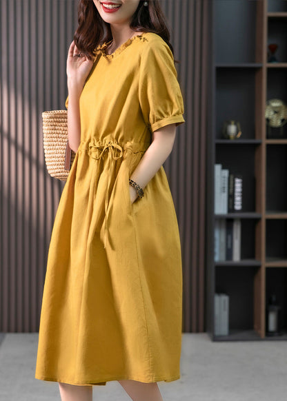 Yellow Drawstring Slim Linen Long Dress Short Sleeve LY1752 - fabuloryshop