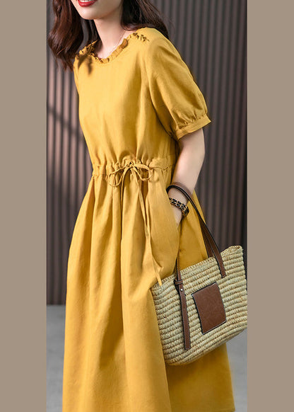 Yellow Drawstring Slim Linen Long Dress Short Sleeve LY1752 - fabuloryshop