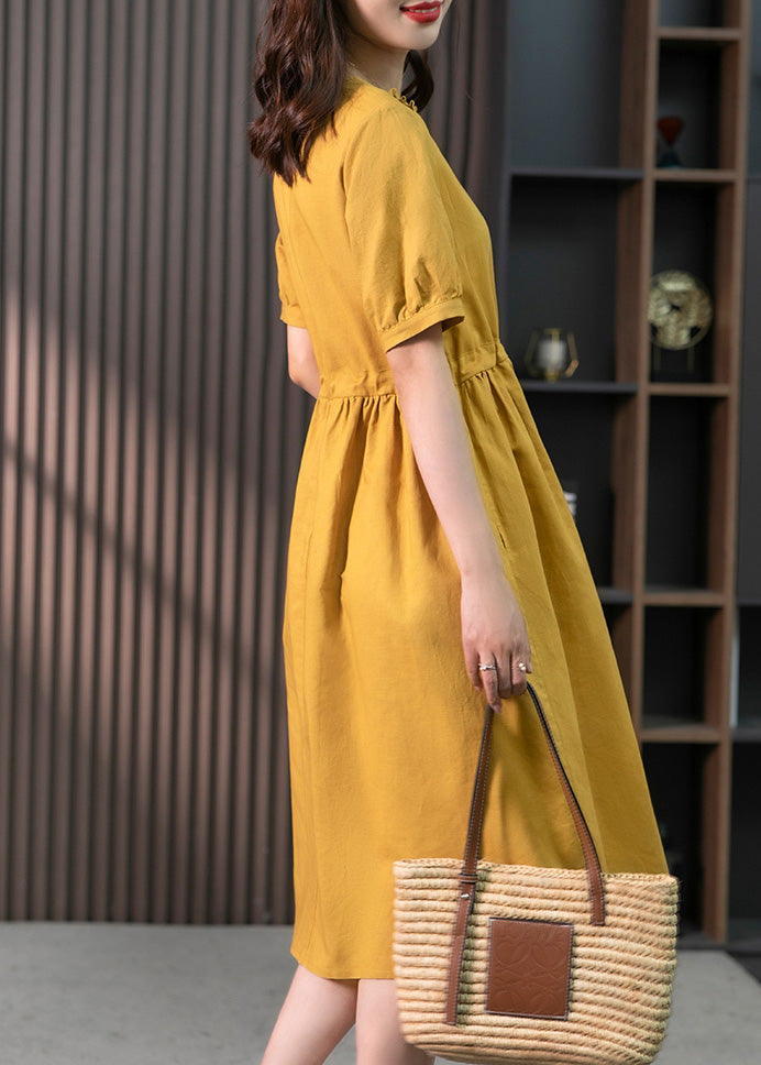 Yellow Drawstring Slim Linen Long Dress Short Sleeve LY1752 - fabuloryshop