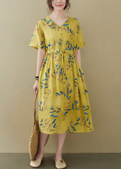 Yellow Drawstring Tie Waist Long Dress Summer Ada Fashion