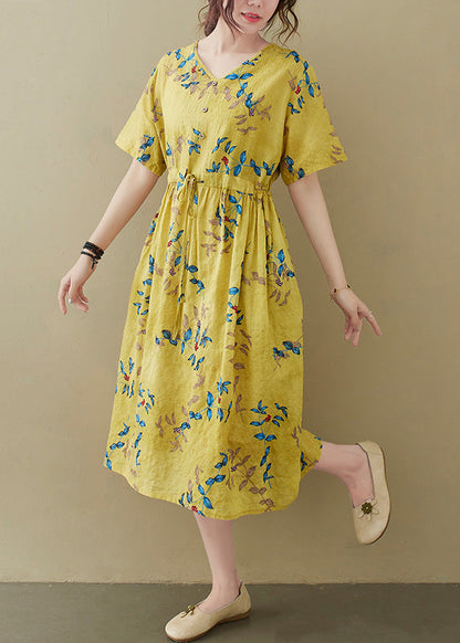 Yellow Drawstring Tie Waist Long Dress Summer Ada Fashion