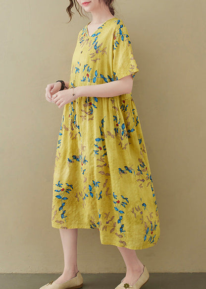 Yellow Drawstring Tie Waist Long Dress Summer Ada Fashion